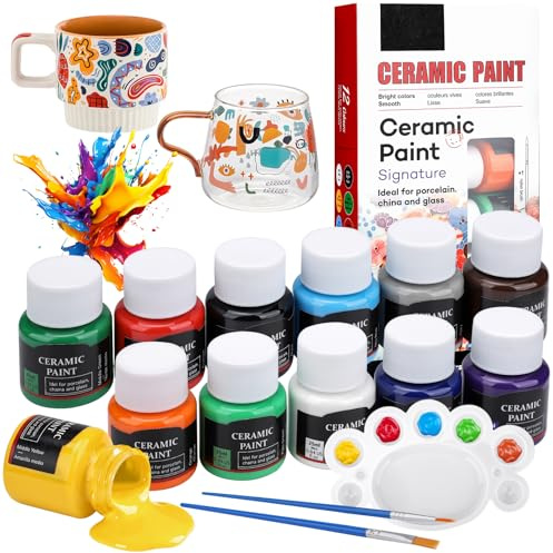 Porzellanfarbe Spülmaschinenfest, 12 x 25 ml Porzellanfarbe Set, Keramik Farbe with 2 Pinselstift & 1 Palette, Glasfarbe, Keramikfarbe Set für Künstler, Anfänger, Ideal zum Tassen, Keramik, Glas