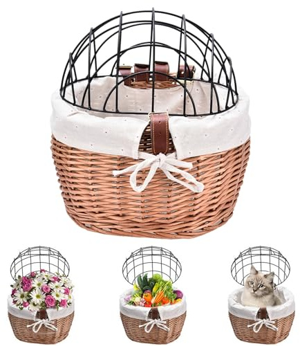 Generisch Cesta de bicicleta para perros – de transporte de mimbre | con jaula de alambre para bicicletas, cestas de bicicleta trenzadas extraíbles, portabicicletas para gatos, cesta delantera p