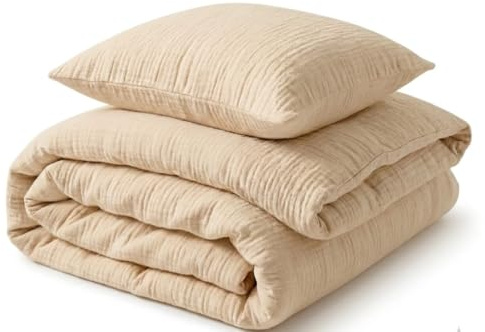 MBESZKA Musselin Baby Bettwäsche Set 90x120 + 40x60 cm 100% Baumwolle – Kinderbettwäsche Bügelfrei Öko-Tex Weich & Atmungsaktiv – Ideal als Baby Shower Geschenk & zur Geburt, Beige