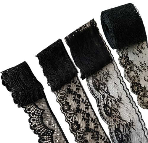 4 Stück Spitzenband Schwarz, Borten und Bänder zum Nähen, Lace Rolle für DIY Projekte, Schwarze Spitze für Kleidung Accessoires, Vielseitiges Nähzubehör