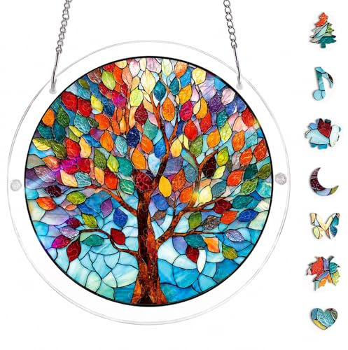 Puzzle in acrilico, 83 pezzi, acchiappasole, decorazione fai da te da appendere alla finestra, con motivo albero della vita, acchiappasole con accessori, decorazione da appendere per soggiorno