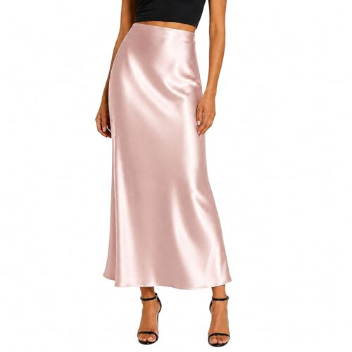 Supcomsta Womens Satin Maxi Skirt High Waisted Silky Long Skirt, Elastic Waist Elegant Slip Skirt for Casual Party
