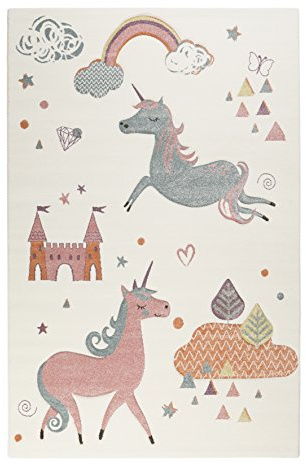 Wecon Home Sunny Unicorn gewebter Kinderteppich, 160 x 225 cm, weiß | moderner Kurzflor Kinderteppich, Kinderzimmer, ESP-21974-060, Beige Rosa Blau Grün