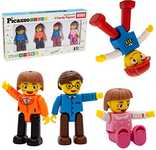 PicassoTiles 4pcs Magnetic Family Action Figures Toddler Magnet Toy Expansion Pack Educational Add-on STEM Learning Kit Toys Pretend Playset for Construction Building Block Tile for Kids Age 3+ PTA01