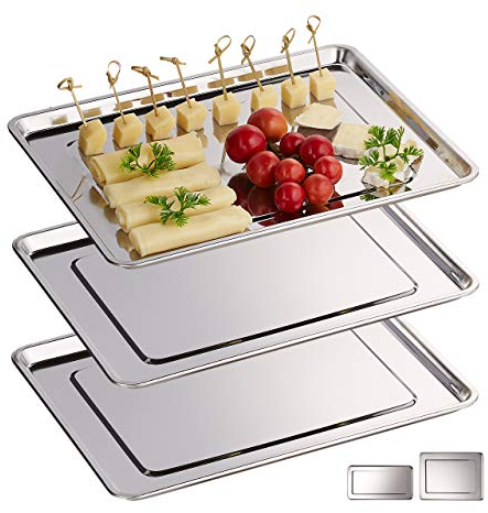 Relaxdays Bandejas para Servir, Set de 3, Acero Inoxidable, Plato Quesos, Embutidos, Apto Lavavajillas, 33x26,5cm, Plata