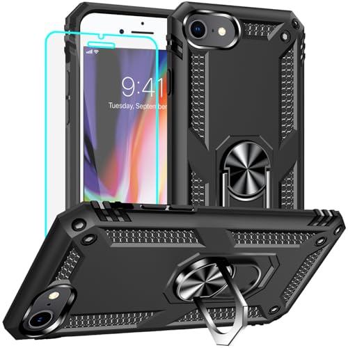 Yiakeng for iPhone 8 Case, iPhone 7 Case With Screen Protector, Silicone Shockproof Military Grade Protective Phone Cover for iPhone SE 2020 (Black)