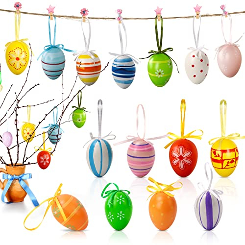 Mizijia 32x Ostereier zum aufhängen, 6cm Ostereier Kunststoff, Kunststoffeier, Bunte Ostereier, Ostereier mit Punkten und Streifen - weiß,grün,gelb,rosa (32)