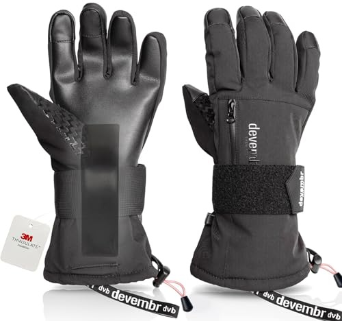 devembr Skihandschuhe mit Handgelenkschützern, Warme Snowboardhandschuhe für Herren und Damen, Schwarz, L