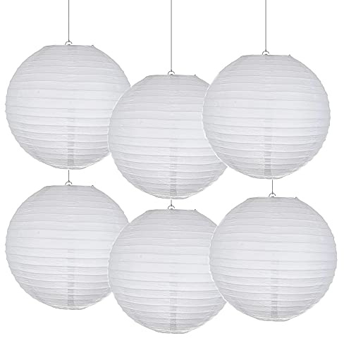 HUSL Farol Japones,Farolillos de papel,20cm,25cm,30cm,40cm De Papel, Pantalla Papel Redondo,Para Bodas,Cumpleaños,Decoraciones Para Jardín,Salon,Patio,Color Liso (40CM_6PCS, Blanco)