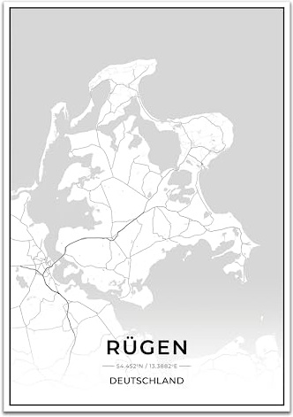 Vacentures Rügen Karten Poster - Premium Wandbild ohne Bilderrahmen I Moderne Wanddeko für Wohnzimmer oder Schlafzimmer I Hochwertiger Druck (Schwarz Weiss, 50x70 CM)