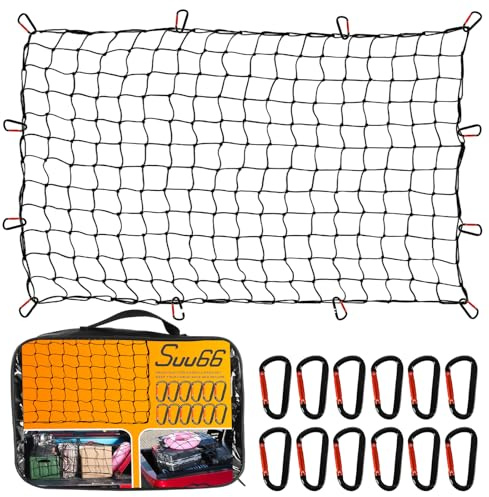 Suu66 Heavy Duty Cargo Net for Pickup Truck Bed - 5' x 7' Stretches to 15' x 21' - Sturdy Latex Bungee Net Mesh - with 12 Metal Carabiners - Truck Bed Accessories for Dodge RAM, Ford, Chevy, Toyota