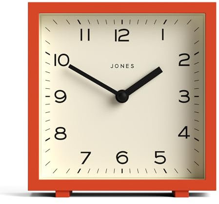 Jones Clocks® Disco orologio da tavolo | Elegante design quadrato | Arancione | Elegante e facile da leggere per scaffale, tavolo, mensola del camino o comodino