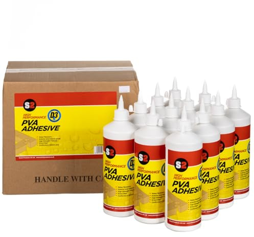 S2 D3 Water Resistant PVA Wood Glue | White Dries Clear | Strong Adhesive for Wood Veneers and Laminates | Professional D3 Grade (12 Pack)