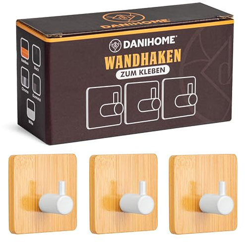 DANIHOME® Bamboo Towel Holder No Drilling – Natural Adhesive Hooks for Kitchen and Bathroom, Self-Adhesive Wall Hooks, Bamboo Towel Hook for Ecological Living, Gluing Instead of Drilling, Extra Strong