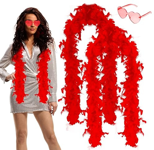 Federboas 4 Stück Multipack Federboa für Frauen, 2 m Federschal, Kostüm, flauschige Federboa mit Herz, randlose Sonnenbrille für Hochzeit, Tanz, Party, Halloween, Weihnachten (rot)