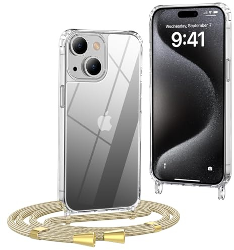 OLEPHY Handykette für iPhone 13 Hülle mit Band, Yellow | Handyhülle mit Verstellbarem und Demontage Umhängeband, Transparent Stoßfeste Hülle zum Umhängen Kordel, (6,1 Zoll)