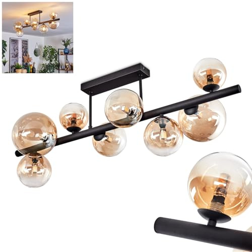 HOFSTEIN Deckenleuchte Chehalis, 8-flammige Deckenlampe aus Metall/Glas in Schwarz/Bernstein/Klar, Leuchte im Retro/Vintage-Design (Schirme Ø 10, 12, 15cm), G9, Esszimmer, Wohnzimmer, Küche, Flur