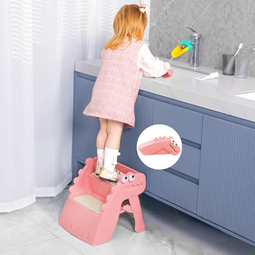 Growaystory Sgabello pieghevole per bambini, Sgabelli bambini, a 2 livelli, antiscivolo, per il bagno e la cucina (rosa)