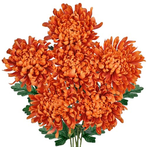 Hollyone 6 Stück Künstliche Chrysantheme Seiden, Kunstblumen Hortensien Seide Dekoblumen Orange, Realistische Seidenblume für Wohnzimmer Büro Deko Tisch Küche