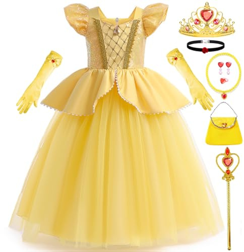 Snyemio Vestito Principessa Belle Bambina Costume Bella e la Bestia con Accessori Abito Ragazze Giallo Per Halloween Feste Carnevale Compleanno, 5-6 Anni