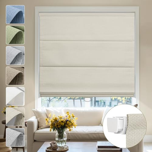 Moonice No Drill Roman Blinds for Windows Blackout Cordless Linen Roman Shades Elegant Fabric Shades for Indoor Windows,Thermal Insulated Tension Blinds for Bedroom Home (Beige,Custom Size)