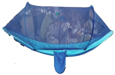 Hamaca de paracaídas al aire libre con mosquitera, hamaca de nailon antimosquitos, hamaca de camping para viaje individual y doble, hamacas colgantes color azul