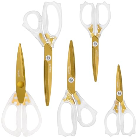 Uaugulft Lot de 5 paires de ciseaux acryliques avec revêtement en titane et manche ergonomique en ABS pour couture et ménage Transparent et doré