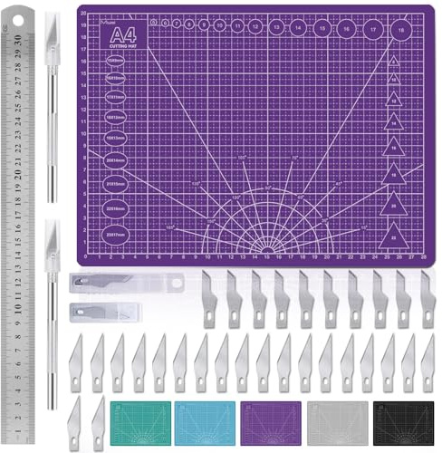 Miuzei Set di tappetini da taglio, formato A4, con righello in acciaio e 30 coltelli da artigianato, autorigenerante, tappetino da disegno (viola)