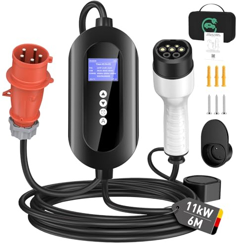 FNITAER Mobile Wallbox 11 kW mit CEE 16A Stecker (3-phasig), 6 m Typ-2-Ladekabel, 8–16 A einstellbar, Mobile Ladestation mit Stromzähler & 0–24 h Timer, für BEV & PHEV, Schwarz