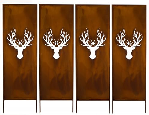Kapaga - Sichtschutz Metall 4x - 160x50 cm - Edelrost - Rostoptik, Patina | für Garten und Terrasse - Corten, Sichtschutzelement - Sichtschutzwand - Gartendekoration Zaun - Rost (Strauch) (Hirsche)