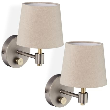 Relaxdays Wandlampe Vintage, 2er Set, dimmbar, Wandstrahler Schalter, Stoffschirm, E14, HBT: 23x15x21 cm, beige/Silber