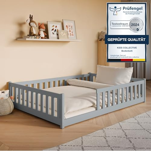 Kids Collective Kinderbett Bodenbett 140x200 cm mit Rausfallschutz & Lattenrost Montessori Bett Bed Gitterbett Kinder Jugendbett Einzelbett | Aschgrau