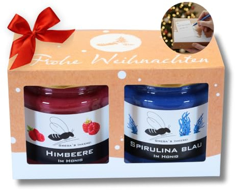 Gregas Honig Geschenkset Weihnachten 2x 250g Himbeere & Spirulina Blau | Festliche Präsentbox mit Grußfeld. Handgemachte Winter-Aufstriche ohne künstliche Zusätze. Ein edles Mitarbeitergeschenk!