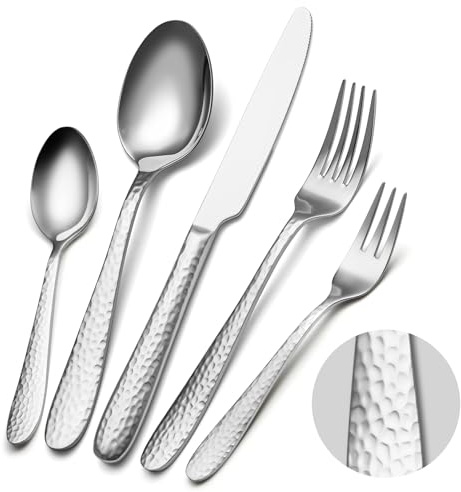 Gehämmertes Besteckset, EIUBUIE Modernes Besteck Set 4 Personen, 20-Teilige | Edelstahl Essbesteck, Hammerschlag, Messer Gabel Löffel, Hochglanzpoliert, Tafelbesteck für Haus/Party, Spülmaschinenfest