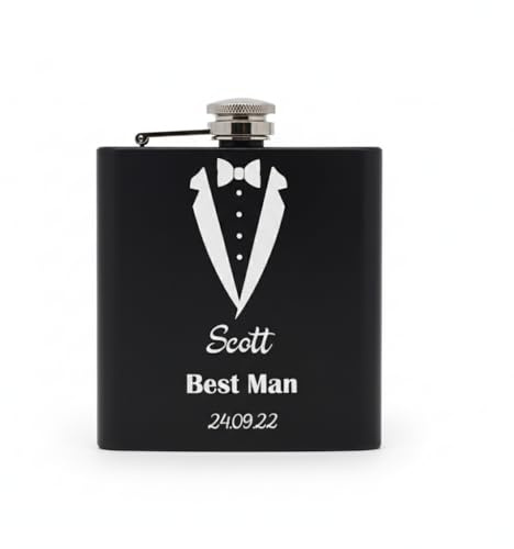 Personalised Wedding Tuxedo Engraved Black Hip Flask 6oz | Custom Best Man, Groom & Groomsmen Gift | Formal Suit Design Stainless Steel Spirit Flask