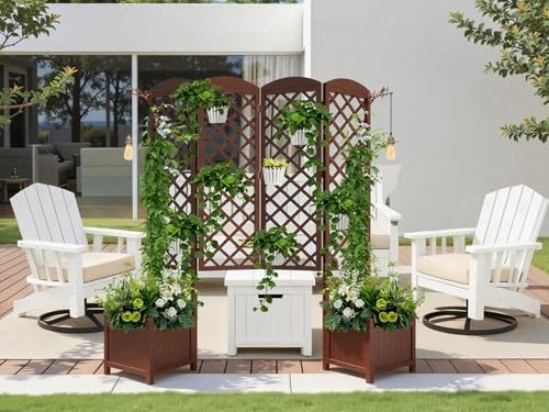 Flexibles Klappsystem Wasserdichtes Tannenholz-Hochbeet mit Rankgitter 160x41x183 cm | Sichtschutz Blumenkasten mit Drainage | Garten-Pflanzkasten für Kletterpflanzen in Dunkelbraun