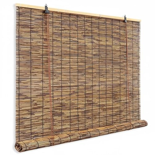 Sichtschutz Rollo Außen & Bambusrollo, 80 90 100 120 140 cm Breit, Balkon Sichtschutz Wetterfest, Natur Schilf Vorhang mit Lifter, Bambus Fenster Tür(W175cm x H215cm)