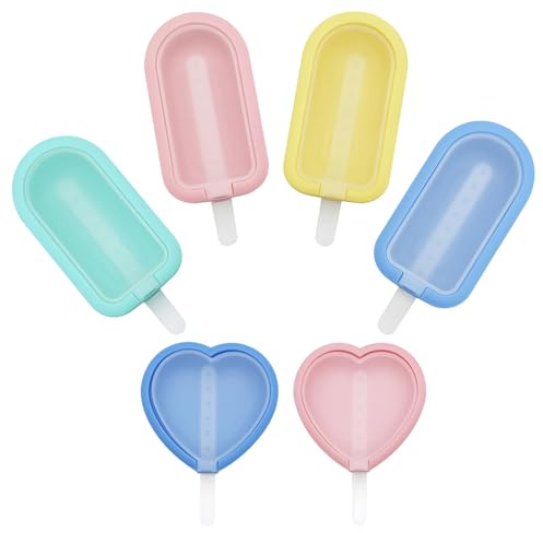 6pcs Ice Lolly Moulds with Sticks, 4 Long Cake Moulds with Lids and 2 Mini Heart Shaped Ice Cube Trays, Ice Cream Moulds with Sticks for Homemade Treats, Popsicle Mould for Various Desserts