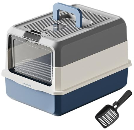 BPS Caja de Arena Cerrada para Gatos con Tapa, Arenero Antiodor de Gran Capacidad 50×35×32 cm, Entrada Frontal Transparente, Fácil de Limpiar con Pala Incluida (Gris + Azul) BPS-8823GR
