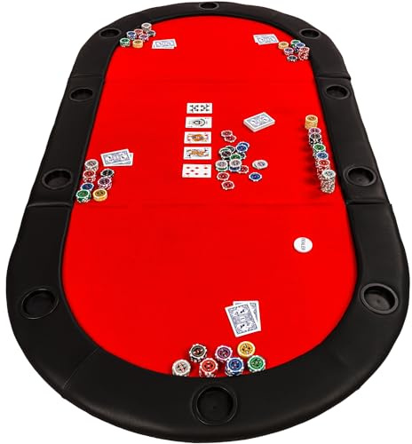GAMES PLANET Faltbare Pokerauflage „Straight Flush“ mit Tasche, 208x106x3 cm, MDF Platte, gepolsterte Armauflage, 10 Getränkehalter, rot