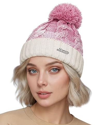 Neverless Strick-Mütze Damen Grobstrick Pudel-Mütze zweifarbig Ombré Bommel-Mütze Winter-Mütze