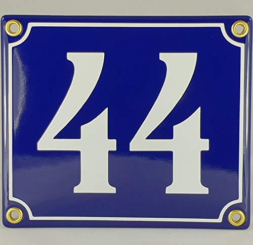 Hausnummer Emaille Schild Nr. 44 Blau-Weiß Handarbeit mit Schrauben und Dübel zur Montage