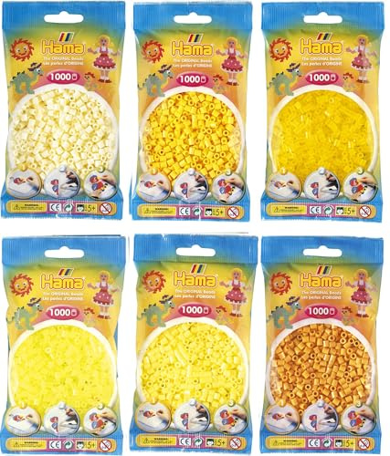 Happy Price Toys Hama Midi strykpärlor konvulut gula toner (grädde 02, gul 03, transparent gul 14, neon gul 34, pastell gul 43 nallebjörnar 60) strykinstruktioner med 3 designmallar
