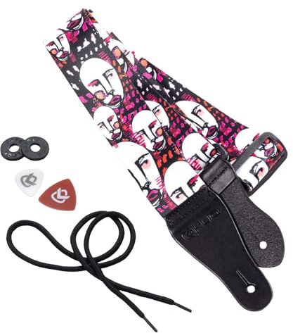 KLIQ Gewebter Retro-Gitarrengurt für Akustik- und E-Gitarren, 60er Jahre, Jacquardgewebe, Hootenanny-Stil, 2 Gummi-Gurtsicherungen im Lieferumfang enthalten