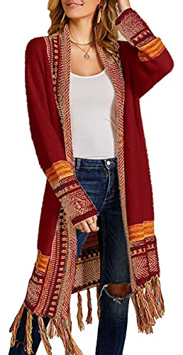 FERBIA Women Boho Cardigan Sweater Long Open Front Maxi Knit Sweaters Aztec Tribal Tassel Fringe Thin Coat