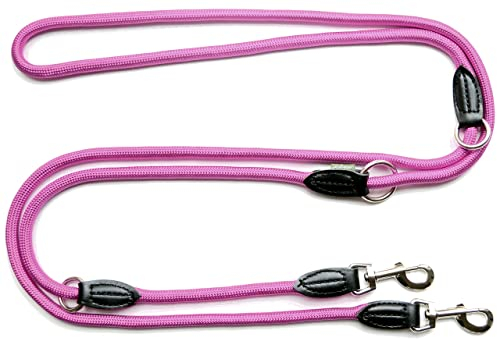 Leisegrün Verstellbare Hundeleine 3m - Robuste Nylon Doppelleine für mittelgroße bis große Hunde, 200kg Zugkraft, 2 Karabiner - Pink