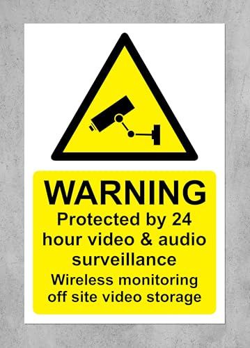 Warning protected by 24 hour video and audio surveillance wireless monitoring off site video storage sign - 1mm Plastic sign (400mm x 300mm)
