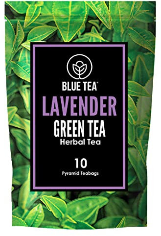 BLUE TEA - Lavender Green Tea Bags - 10 Premium Biodegradable Tea Bags || CALMING TEA || Lavender Flower Blended With Whole Leaf Green Tea - Premium Zipper Pack