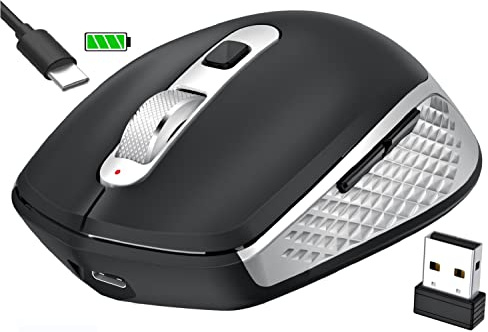 GALENMORO Ratón Bluetooth recargable inalámbrico ergonómico USB receptor silencioso para múltiples dispositivos Bluetooth para ordenador portátil Tablet Windows Mac PC (negro plata)