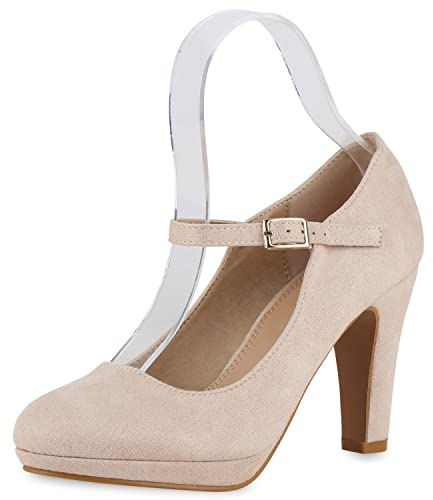 Giralin Damen Pumps Mary Janes High Heels Absatzschuhe Basic Wildleder-Optik Riemchenpumps Elegante Abend Schuhe Spangenpumps 210700 Beige 39